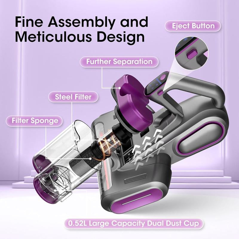 Mattress Vacuum Cleaner, 16Kpa Cordless Bed Handheld Vacuum, Vacuum Cleaner with 253.7Nm UV-C Light, HEPA Filter & Ultrasonic, Versatile Portable Vacuums for Bed, Sofa, Couch, Crib