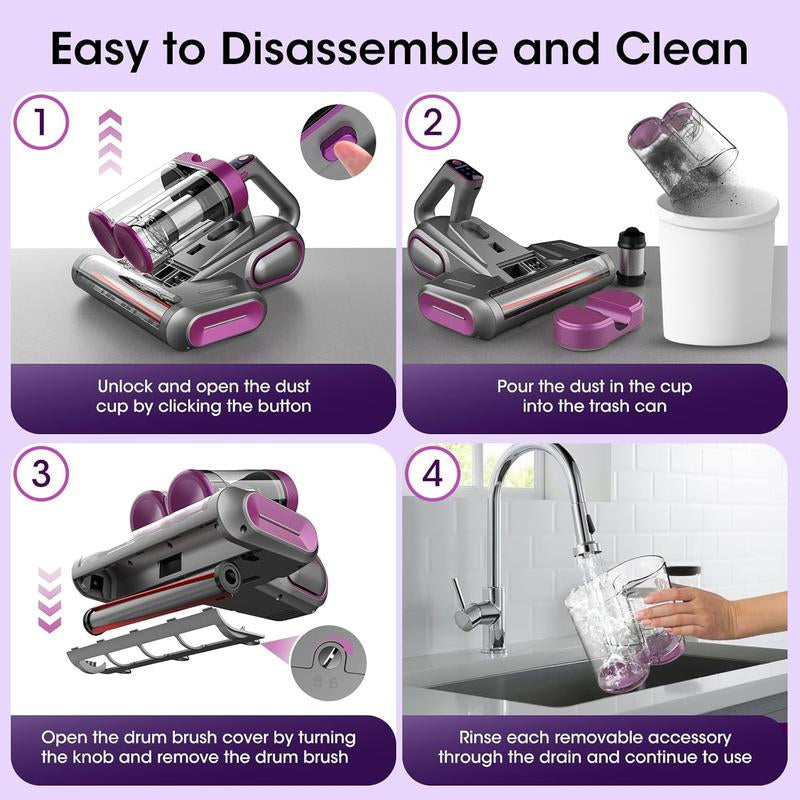 Mattress Vacuum Cleaner, 16Kpa Cordless Bed Handheld Vacuum, Vacuum Cleaner with 253.7Nm UV-C Light, HEPA Filter & Ultrasonic, Versatile Portable Vacuums for Bed, Sofa, Couch, Crib